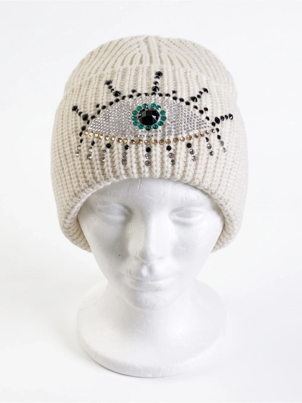 Kurt Geiger London Cream Crystal Evil Eye Wool Blend Beanie NWOT